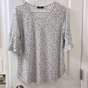 NWOT 3/4 sleeve CURE blouse, white with black polka dots, size L